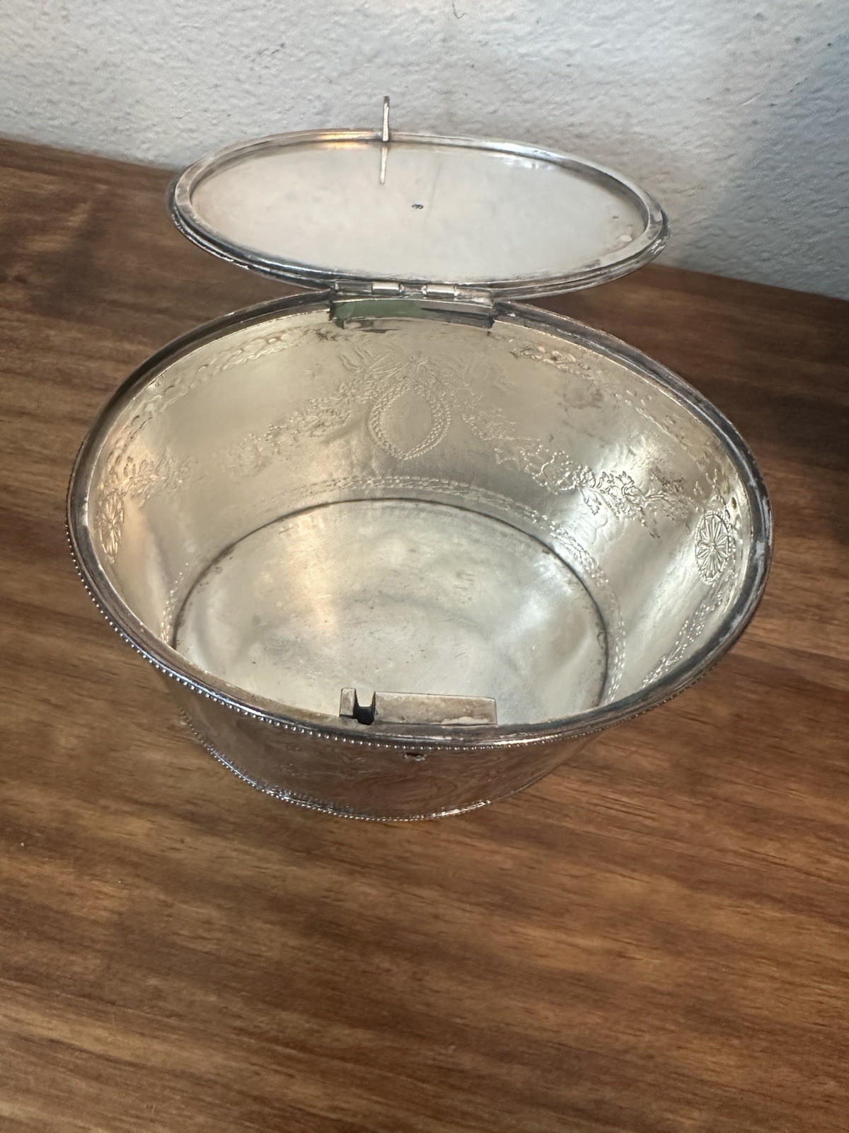 Antique English Silverplate Tea Box Caddy w Lock - Engraved Floral Swag Motif