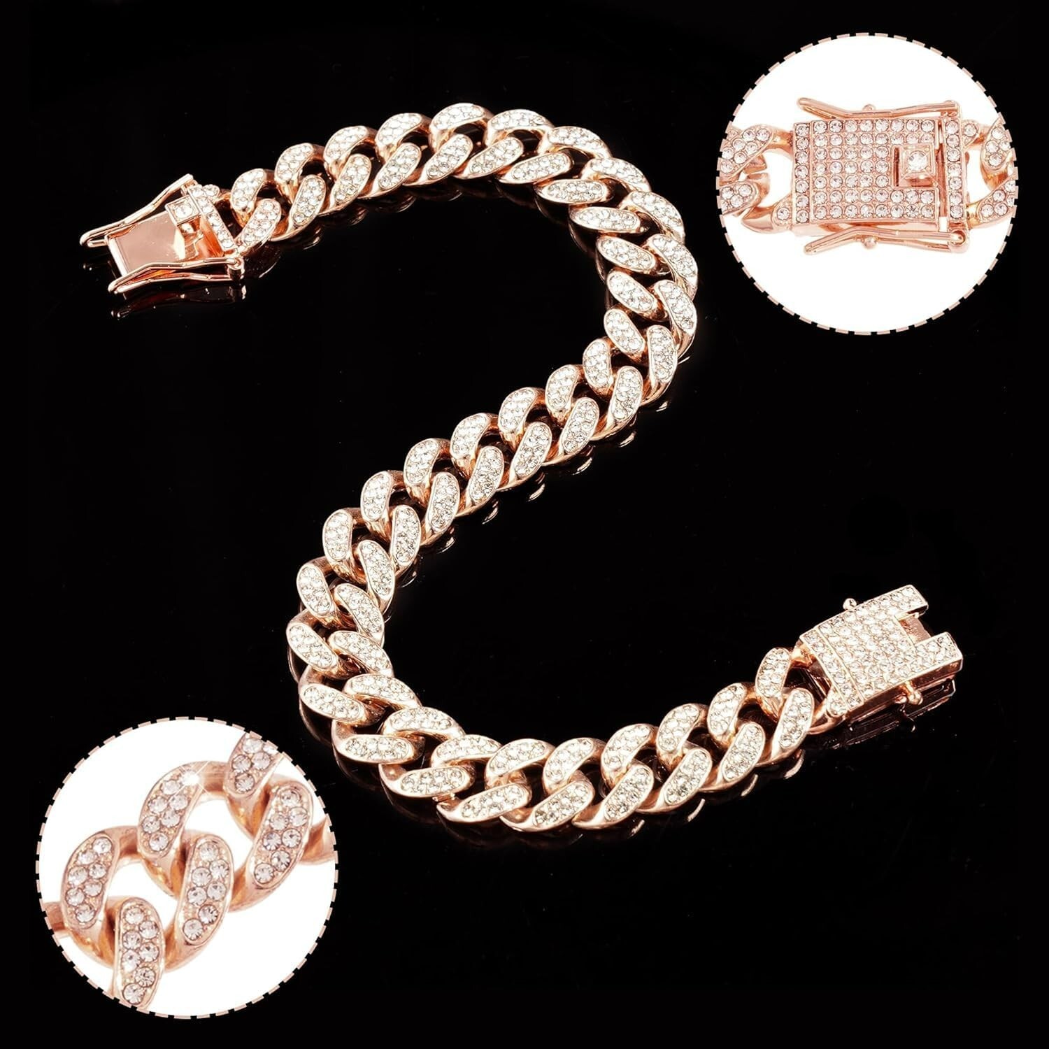 Rose Gold Bling Cuban Link Dog Collar Diamond Rhinestone Necklace Cat Kitten Pup