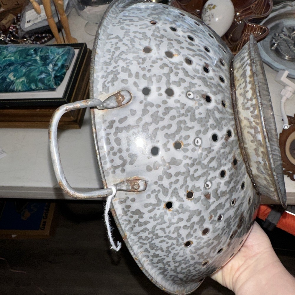 Antique Mottled Enamel Graniteware Handled Colander Grey
