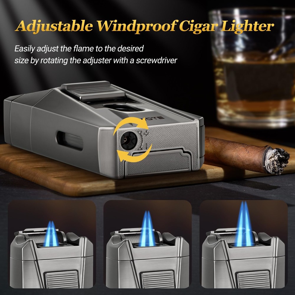 Cigar Lighter with Double Jet Flame, Refillable Cigar Torch Lighter with Ciga...