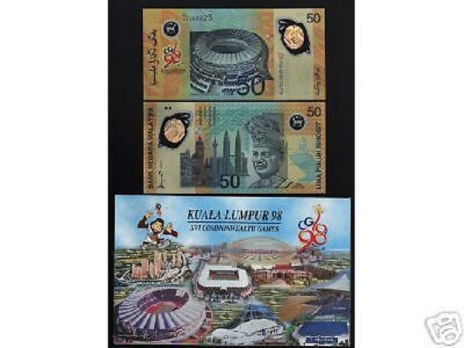 MALAYSIA 50 RINGGIT P-45 1998 UNC COMMEMORATIVE Sukom GAME NOTE POLYMER + FOLDER