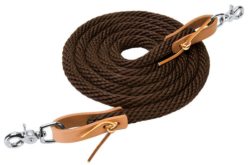 Western Brown Nylon Roping Reins with Leather Water Loop & trigger Snap