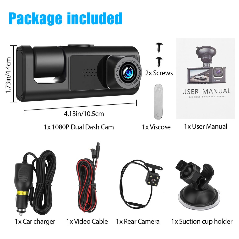 FHD 1080P Dash Camera Car DVR Front/Rear/Inside Recorder G-sensor Night Vision