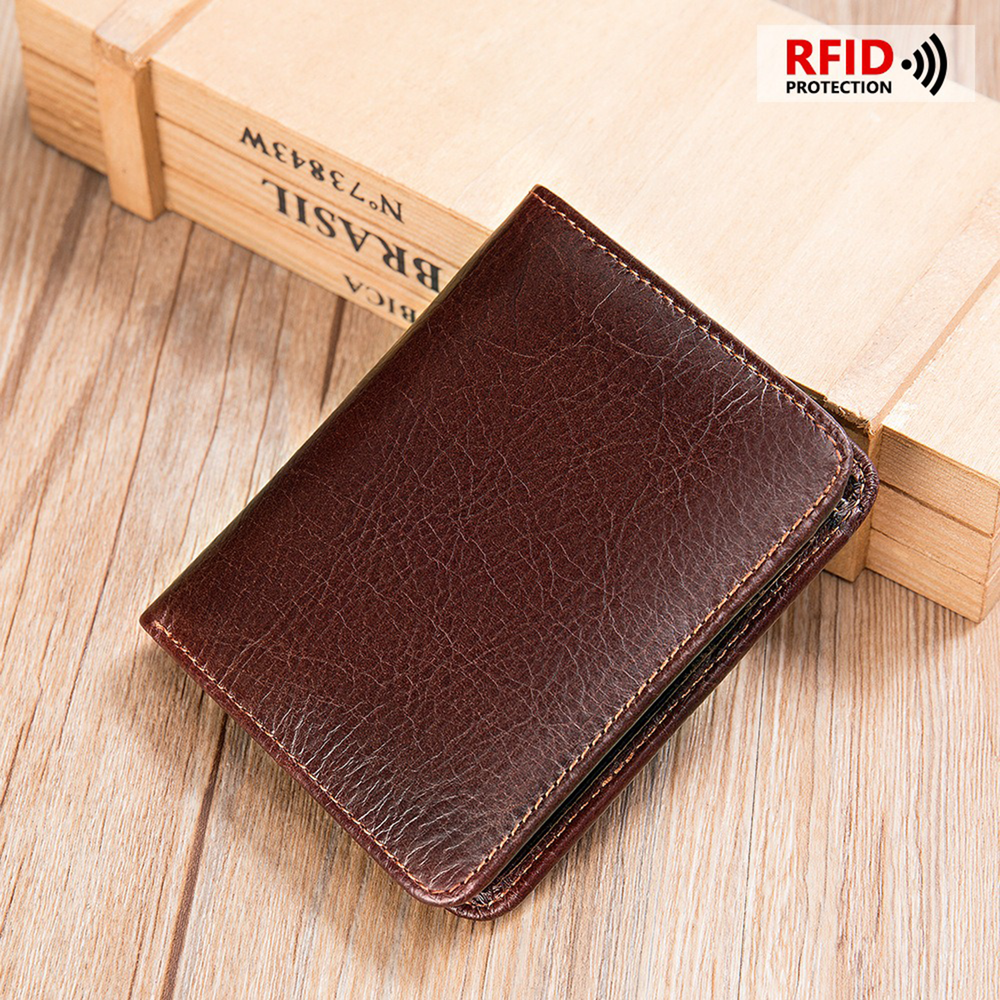 Mens Leather Bifold Wallet RFID Blocking Vertical Horizontal Brown
