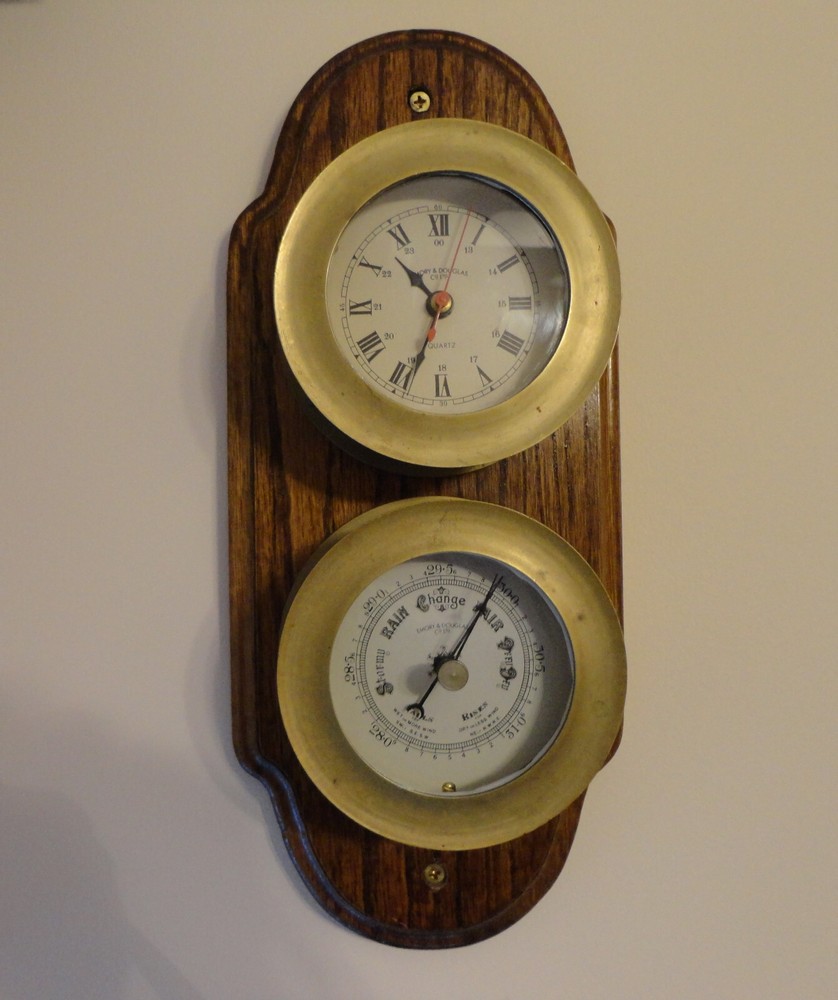 Brass Barometer & Ship's Clock on Wood Emory & Douglas Co.