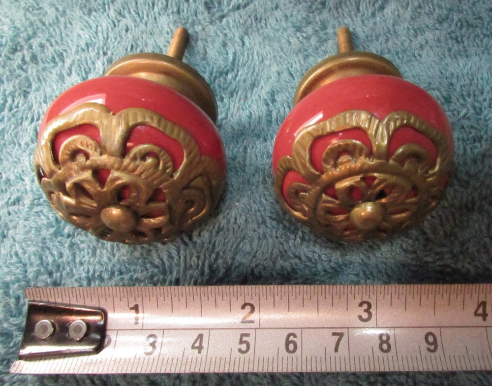 Set of 2 Large RED Round CERAMIC KNOBS with Brass Flower Decorative Drawer Pulls
