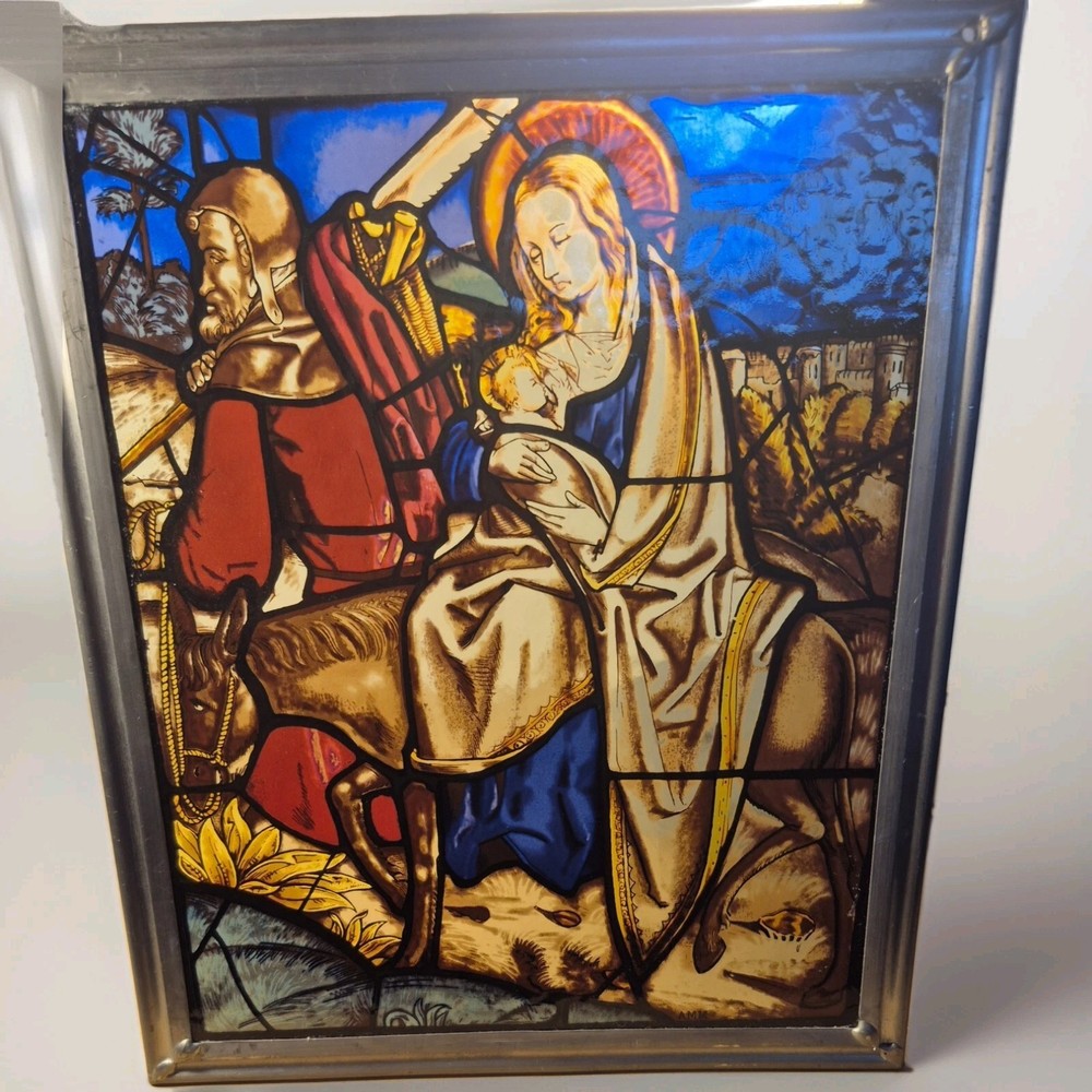 Hand Painted Flight Into Egypt Stained Glass Window Suncatcher Panel Lead Frame