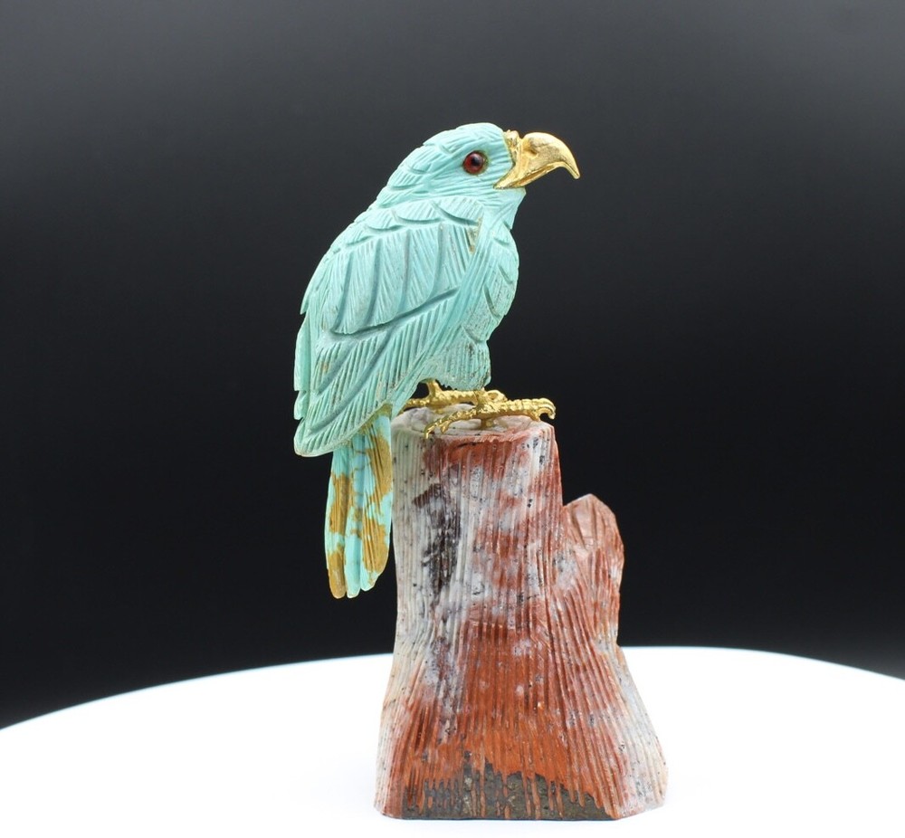 Natural Turquoise Handcrafted Eagle On An Ocean Jasper Trunk Base.