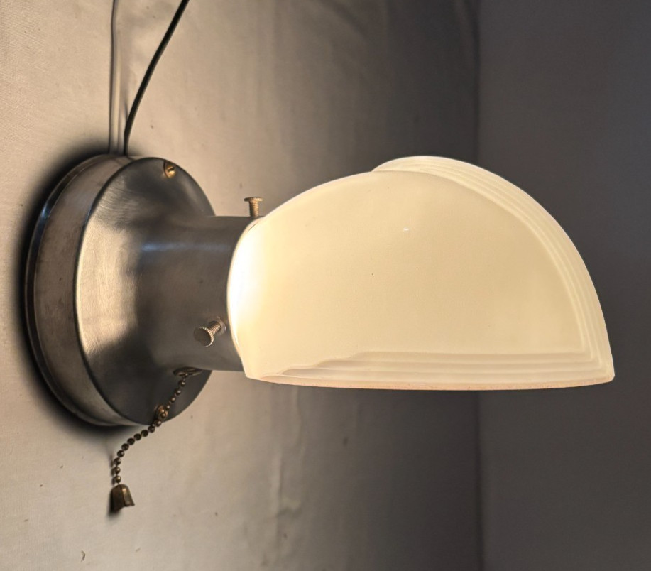 Vtg Wall Sconce Stamped Steel Metal MCM Light Fixture Art Glass Shade USA #M1