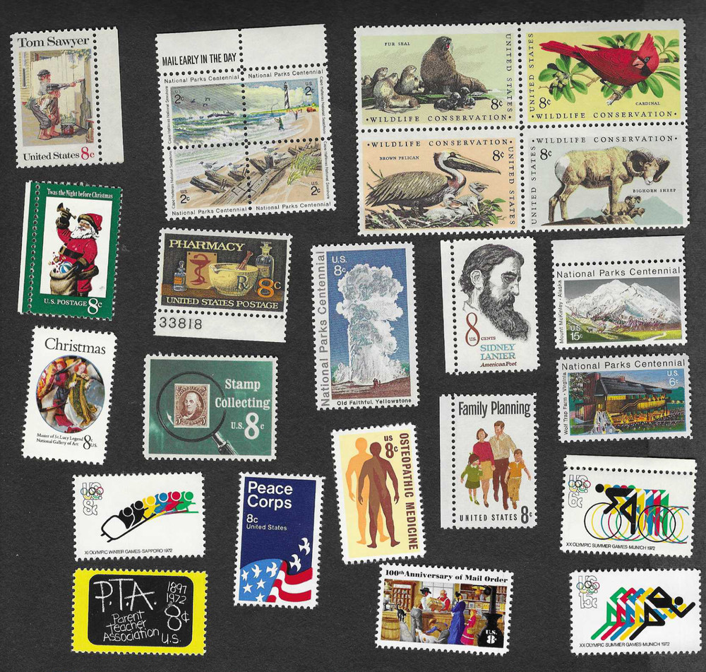 1972 US PARTIAL COMMEMORATIVE YEAR SET 25 STAMPS MNH