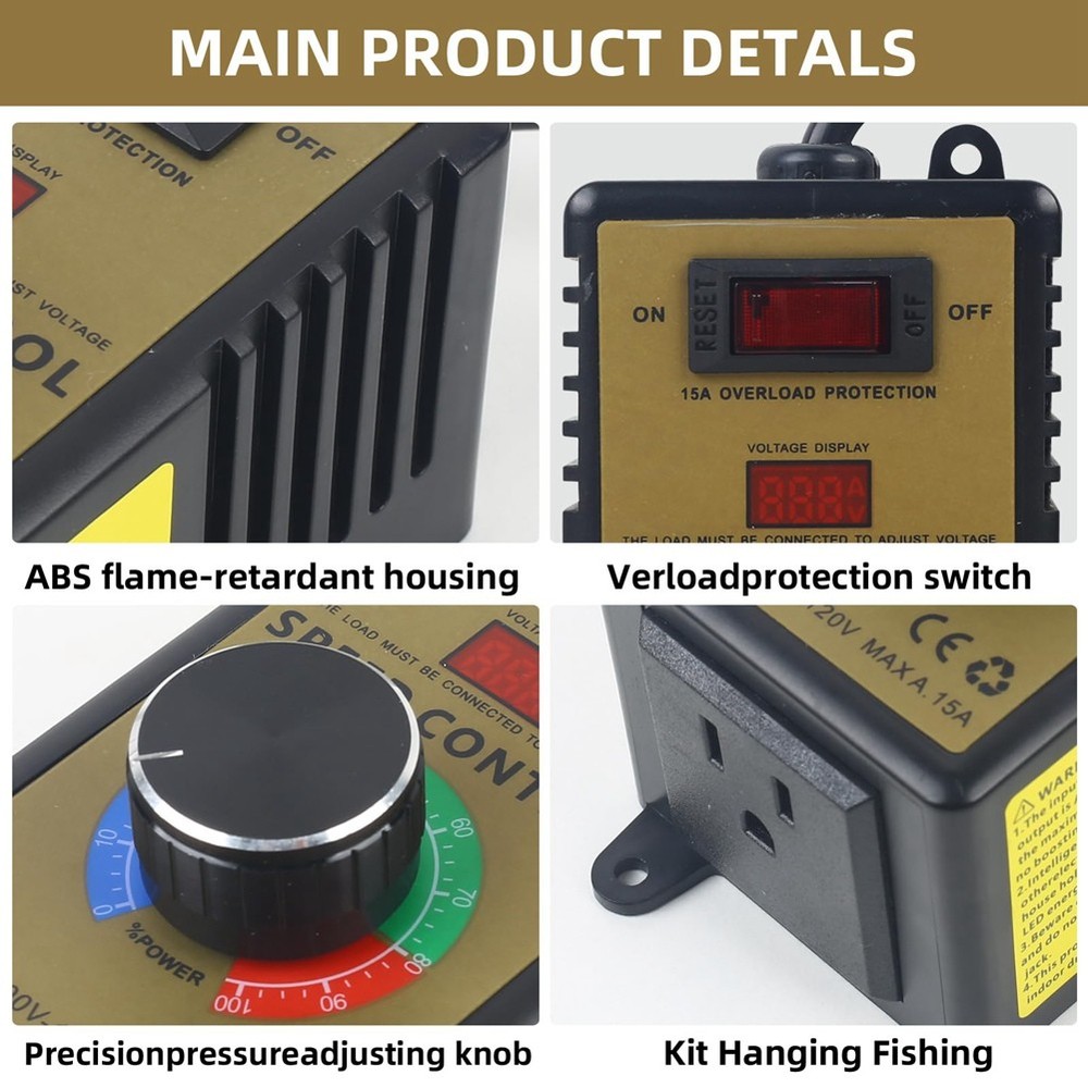 AC Motor Speed Controller - Adjustable 100V-120V & 15A Max, Electric Fan3239