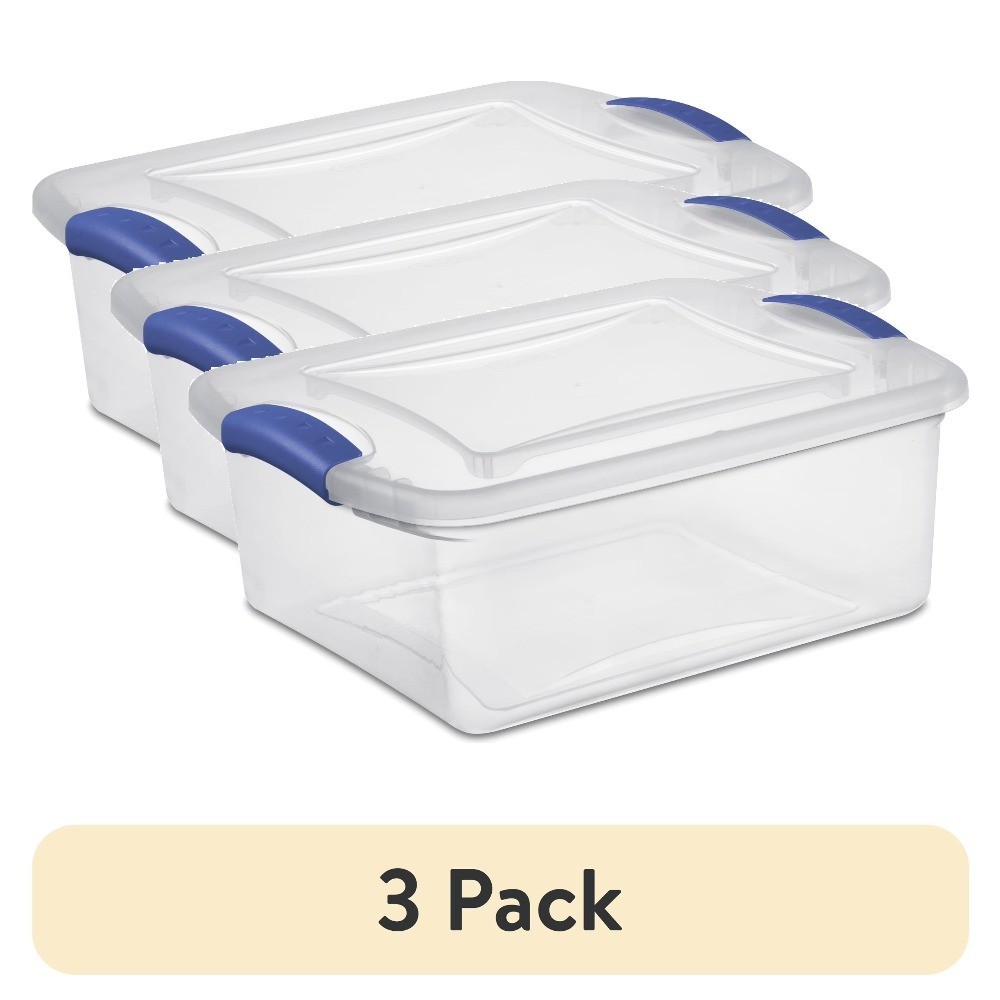 15 Quart Latching Storage Bin, Clear Plastic Container with Secure Blue Lid