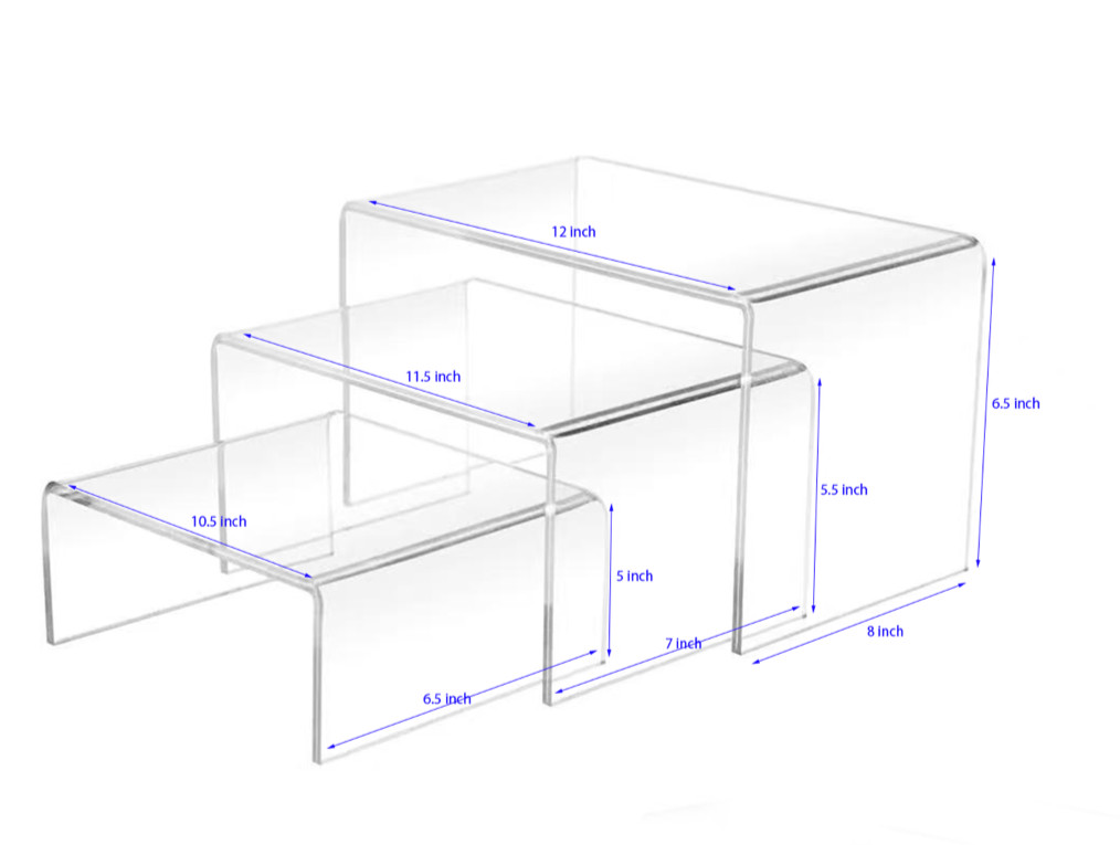 3 Pcs Large Acrylic clear  Display  Riser Set Shelf Showcase Fixtures 12,11,10.5