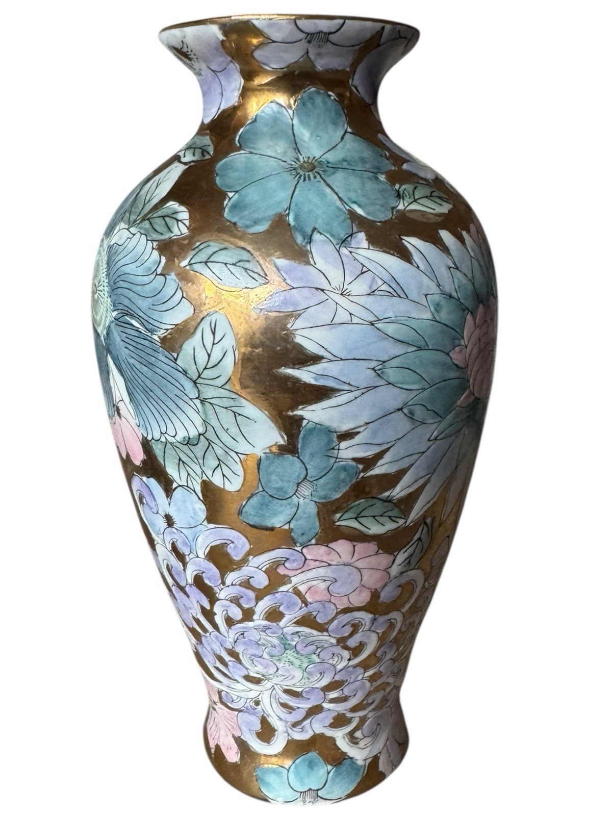 Vintage 8” Vase Chinoiserie Golden Peony Pastel Pink Purple Blue Toyo Macau 1970
