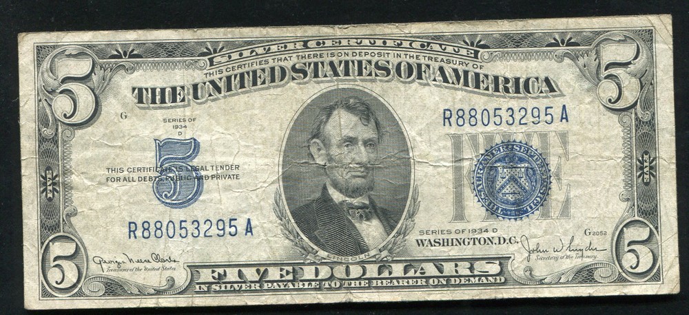1934-D $5 FIVE DOLLARS SILVER CERTIFICATE "PRINT SHIFT ERROR"