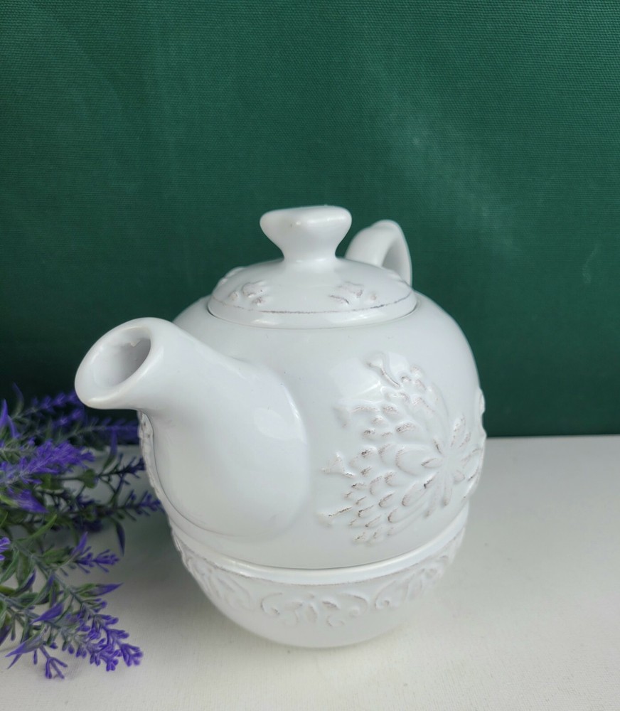 Dena Home Stackable Teapot + Cup - White Embossed Scroll/Floral