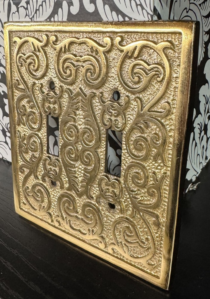 Vintage Brass DOUBLE Toggle Plate Light Switch COVER Scrolled Raised Design