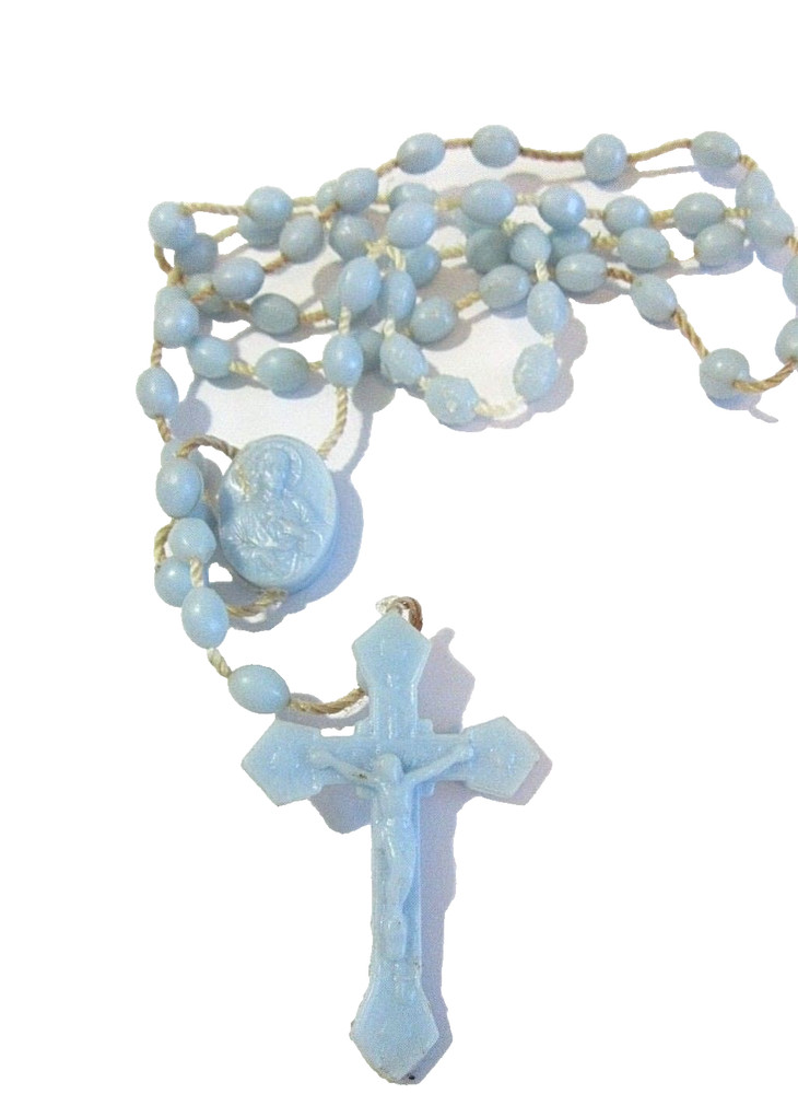 LIGHT BLUE VINTAGE PLASTIC ROSARY SIGNED BREV