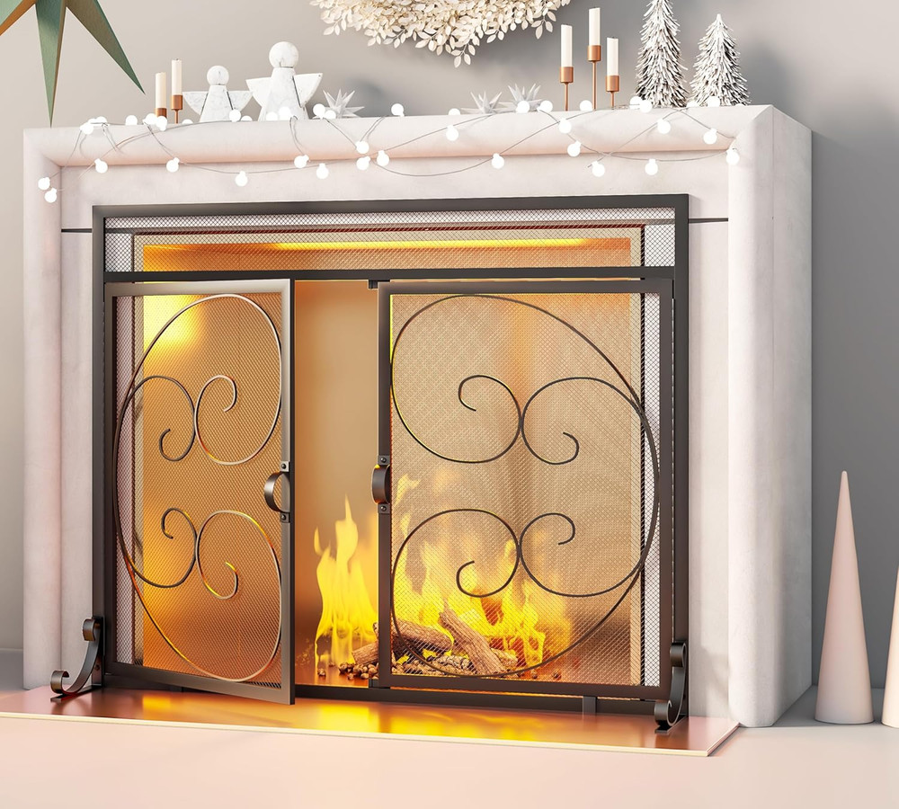 Fireplace Screen with Magnetic Doors,Handcrafted Wrought Iron Classical Scroll D