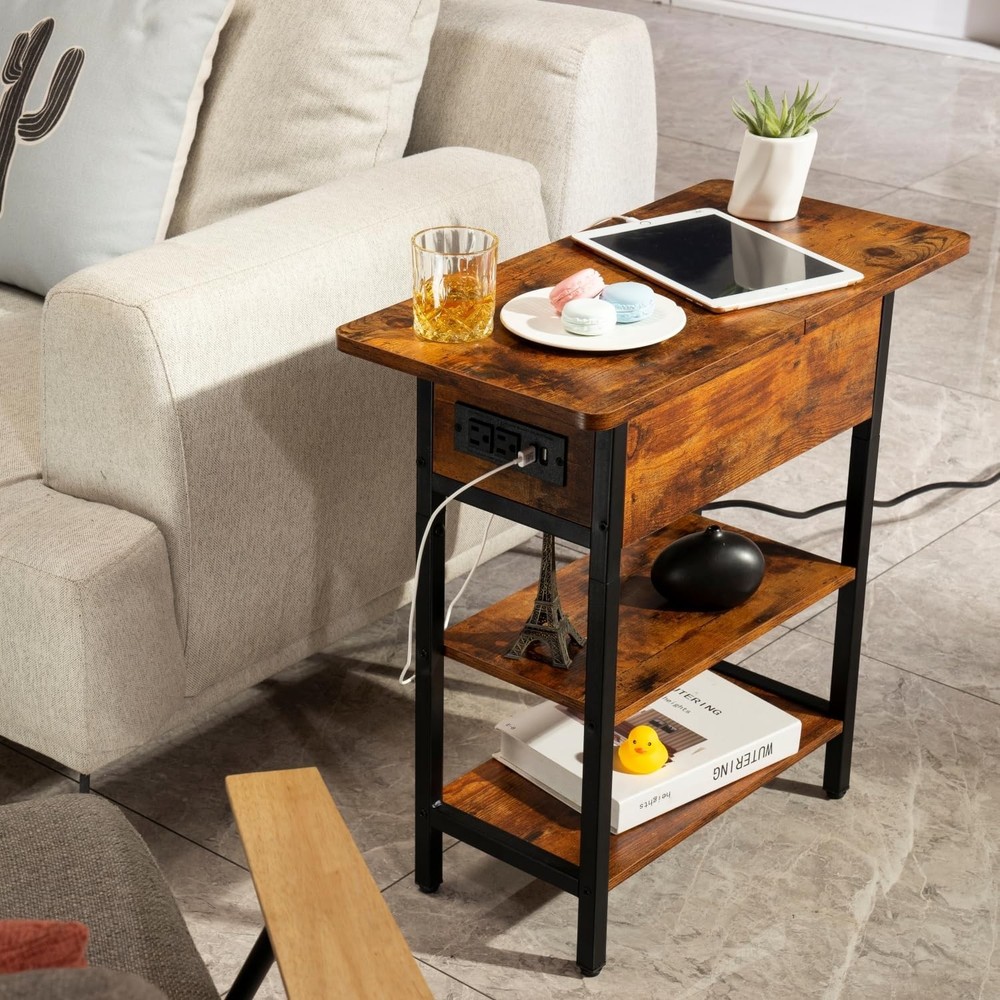 End Table w/Charging Station Flip Top Side Table Sofa Couch Table Bedside Table