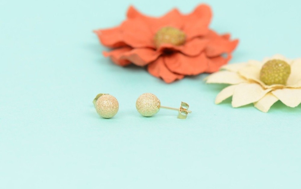 14k Yellow Solid Gold Laser Cut Ball Stud Earrings