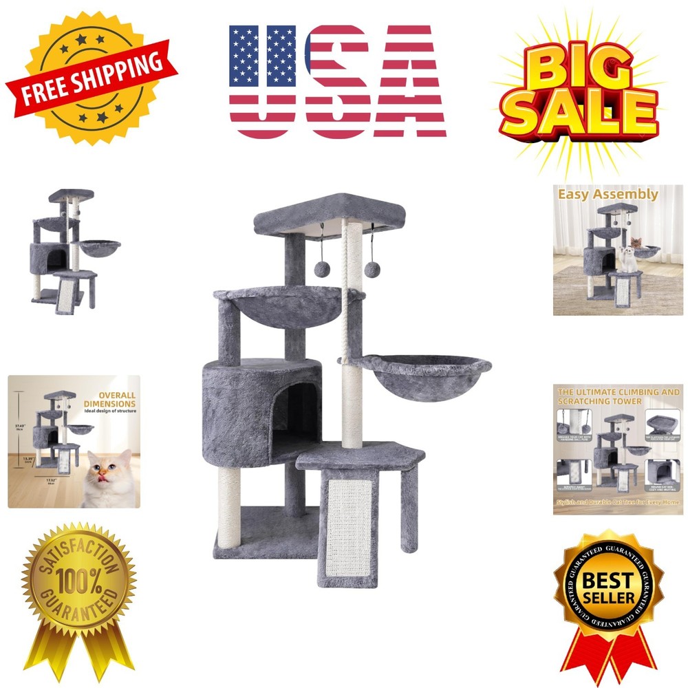 Xin Three Layer Cat Tree with Cat Condo and Two Hammocks,Grey