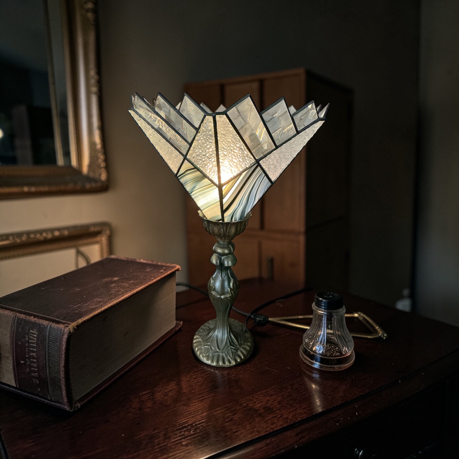 Tiffany Style Torchiere Multicolor Abstract Stained Glass Table Lamp