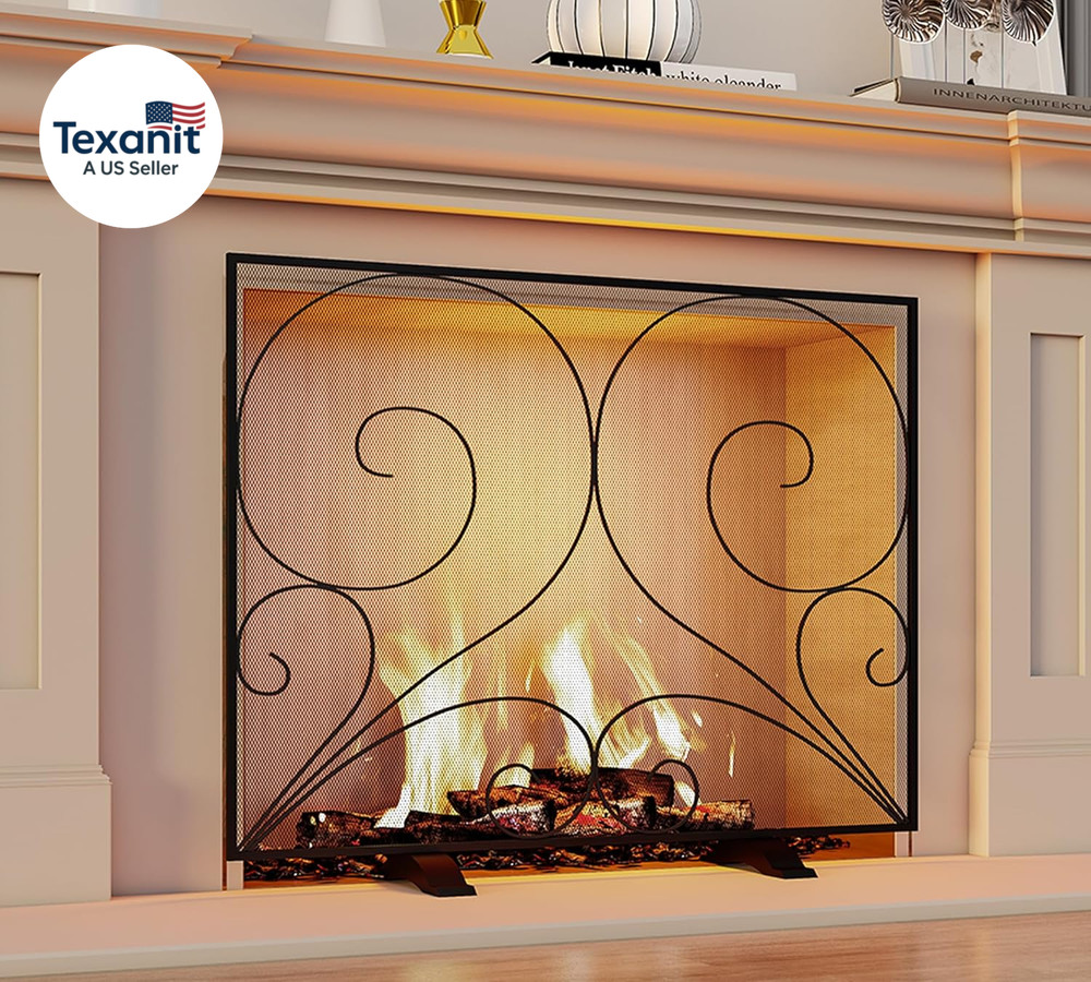Single Panel Fireplace Screen Handcrafted Solid Wrought Iron Mesh, Heat-Resistan