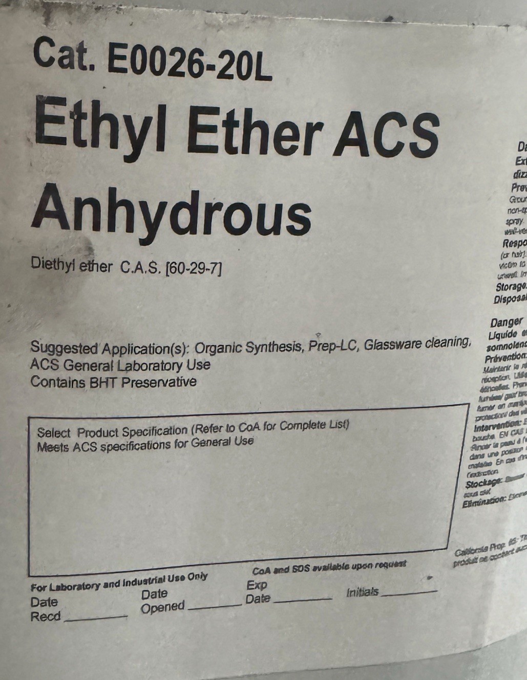 Ethyl Ether ACS Anhydrous E0026-20L .new 5 Gallon/20 Liters Minor Dents In Can.
