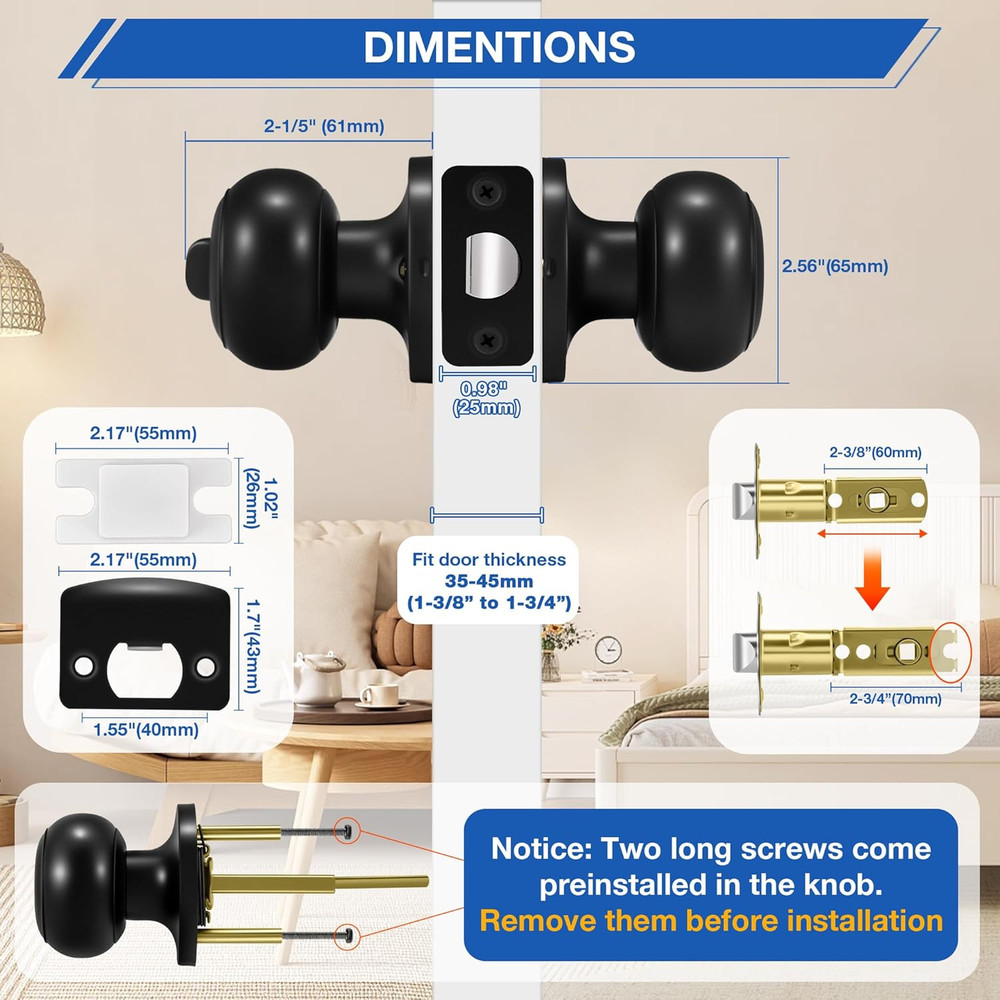 8-Pack Matte Black Interior Door Knobs – Round Ball Privacy Knobs with Lock