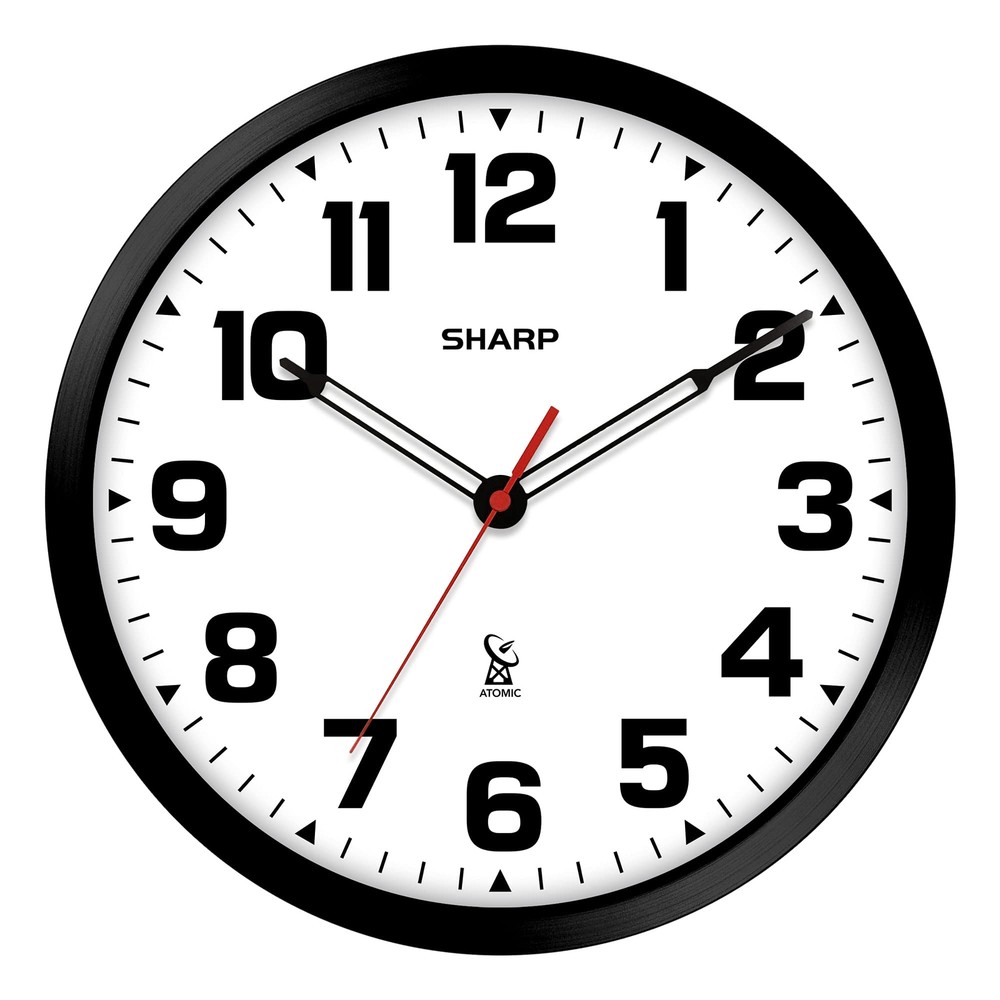 Sharp Atomic Analog Wall Clock - 12" Black Stylish Frame - Sets Automatically- B
