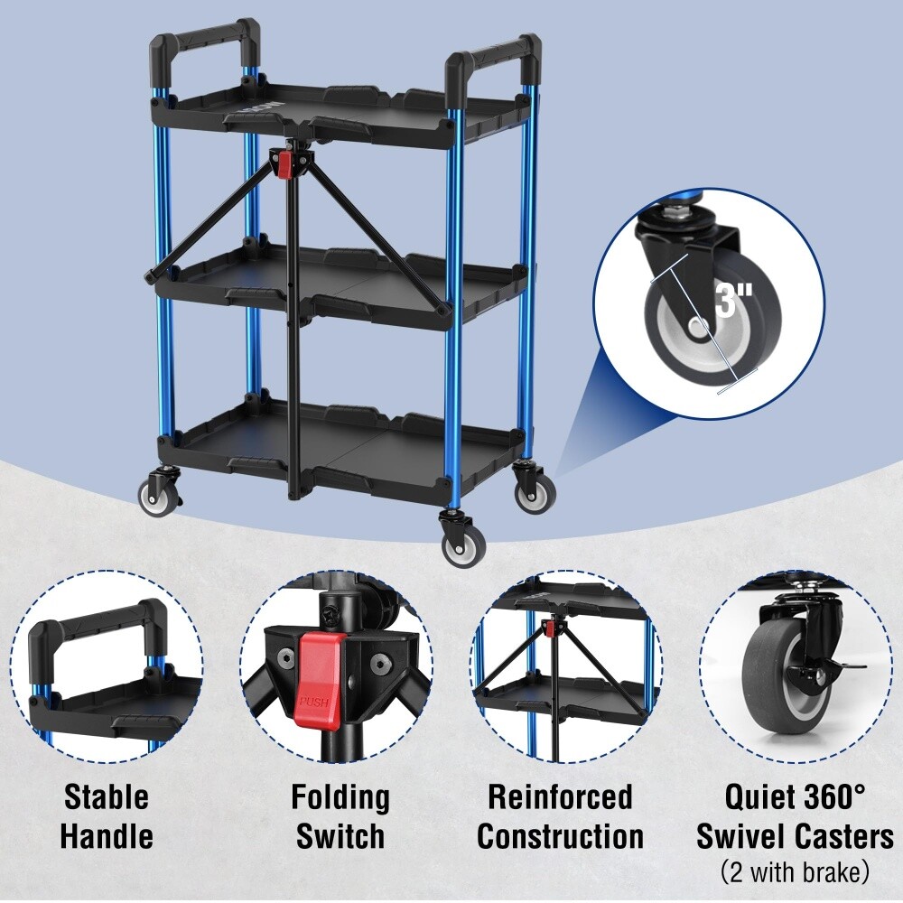 WORKPRO Portable 3-Tier Collapsible Service Cart Folding Tool Cart w/Wheel 210lb