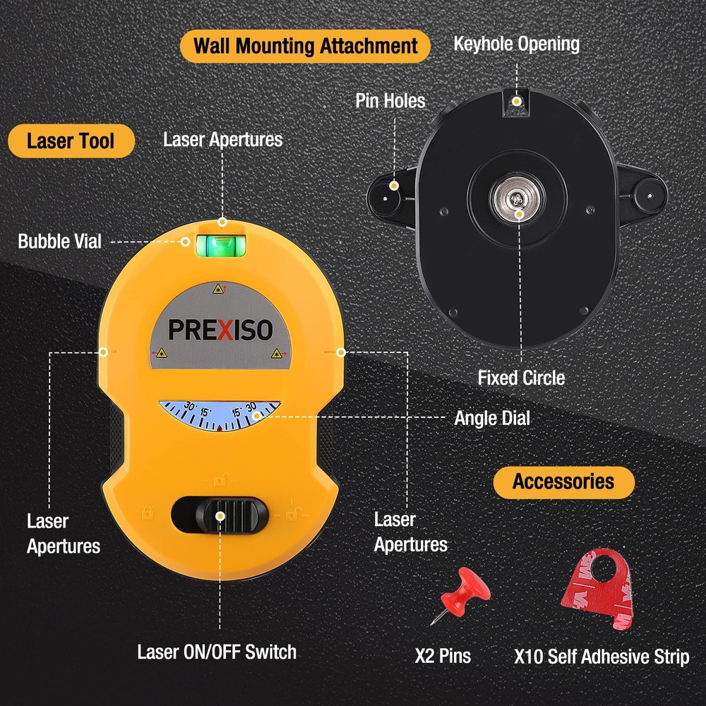 PREXISO Multi Surface Laser Level LED Light Vial, 30Ft Horizontal & Black