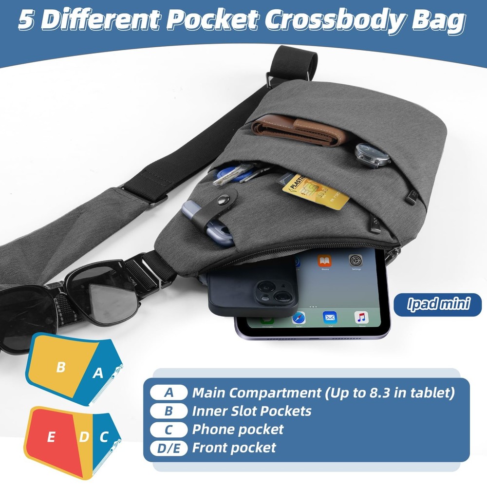 VADOO Sling Bag - Anti-theft Crossbody One Size, Basic Version-dark Grey