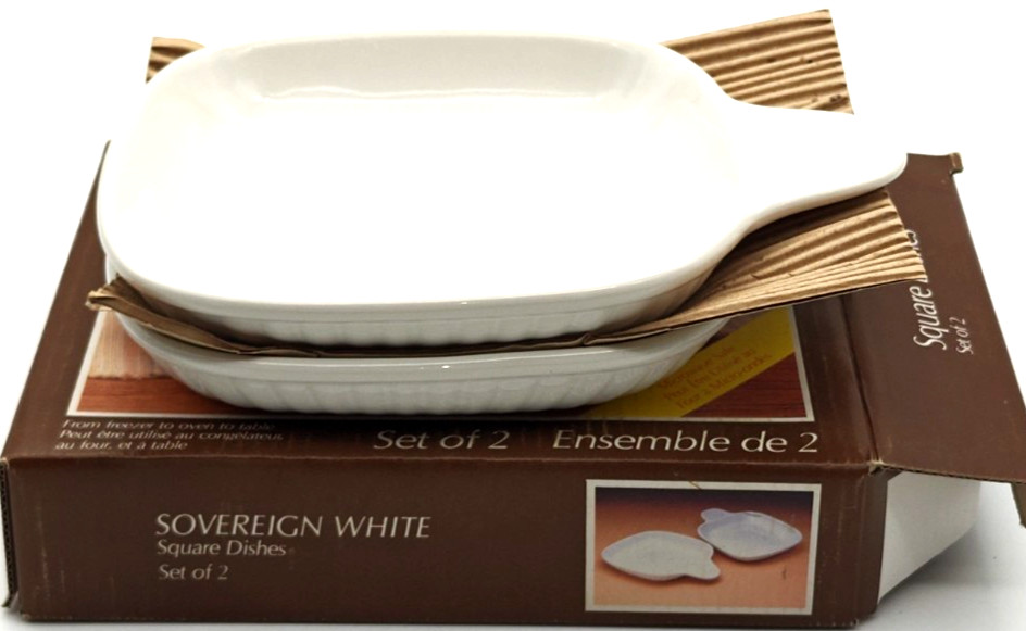 NOS 2 Sovereign White Oven Ware Square Handled Flat Dish