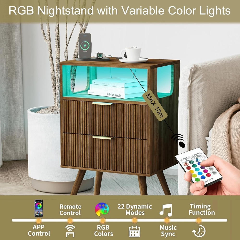 Nightstand with Charging Station and LED Lights Bedside Table 2 Storage Drawer