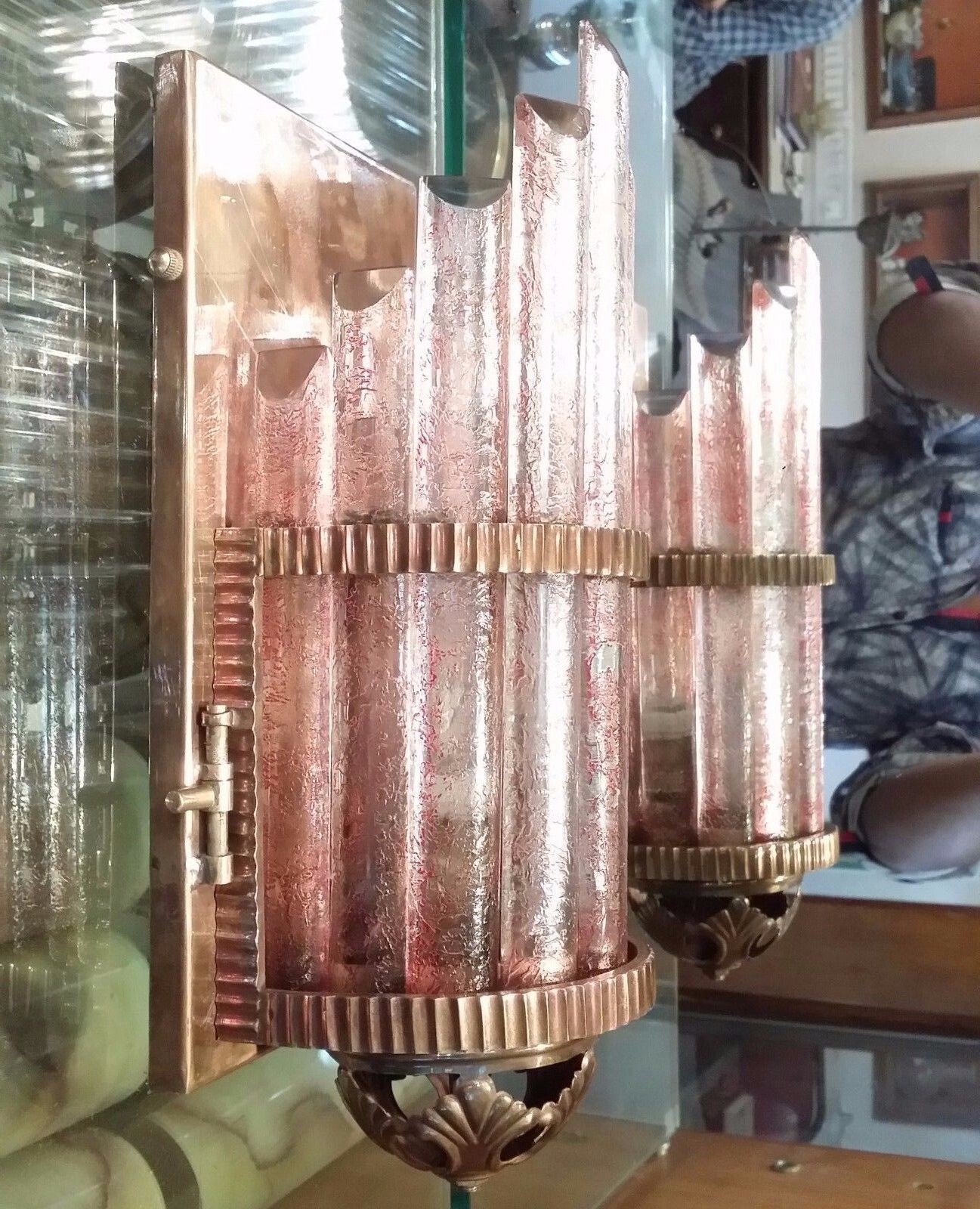 PAIR SKYSCRAPER ART DECO METRO LIGHT WALL SCONCES COPPER CAMEO GLASS SHIP LAMP