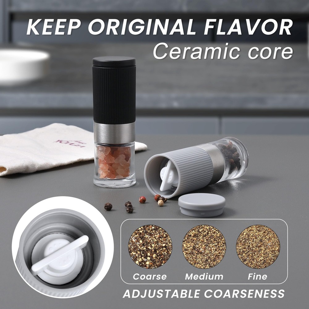 Mini Salt and Pepper Grinder Set, Small Tiny Adjustable Coarseness Ceramic Sa...