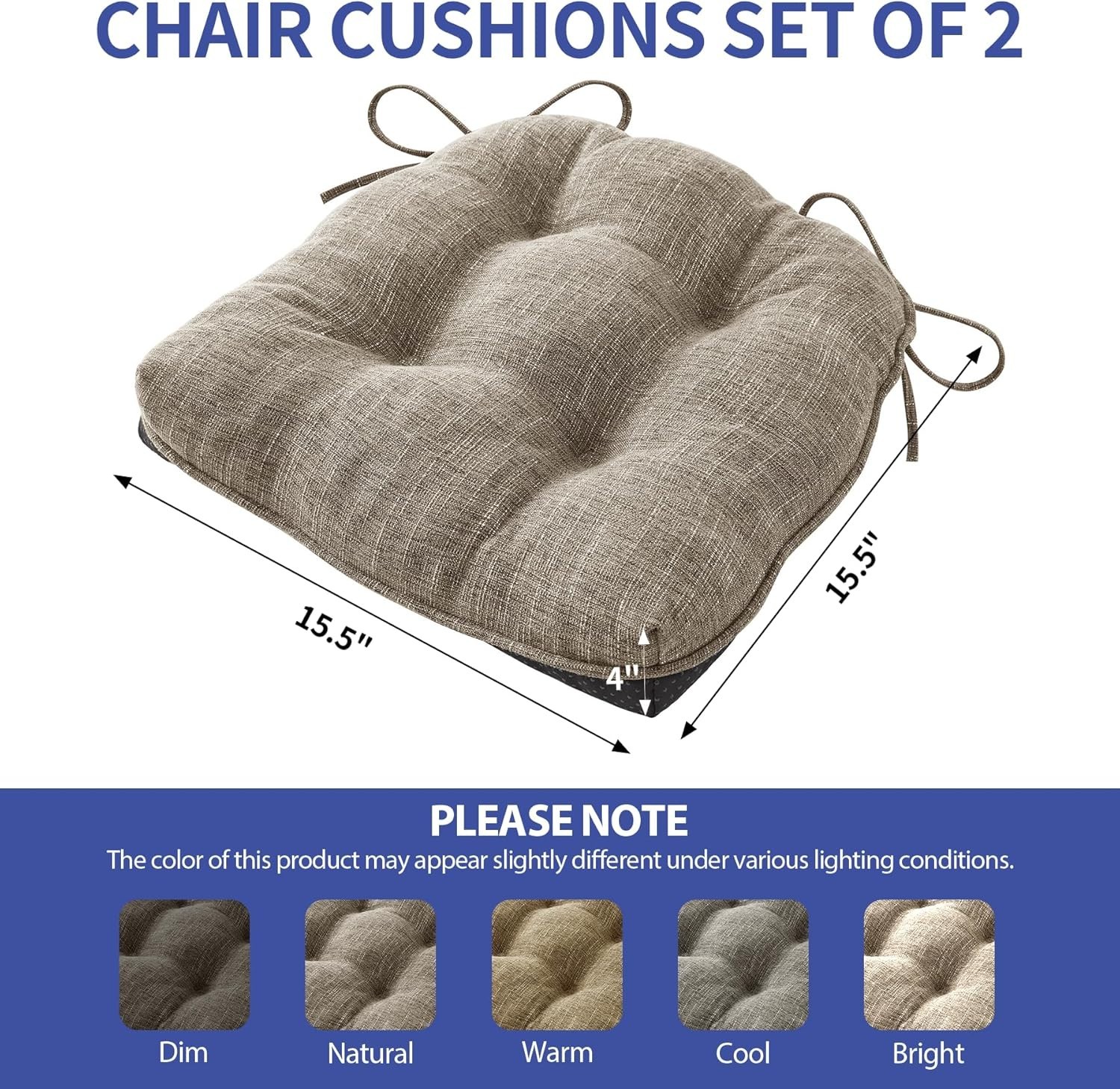 2-Pack Khaki Dining Chair Cushions - Ergonomic, Washable & Non-Slip Backing