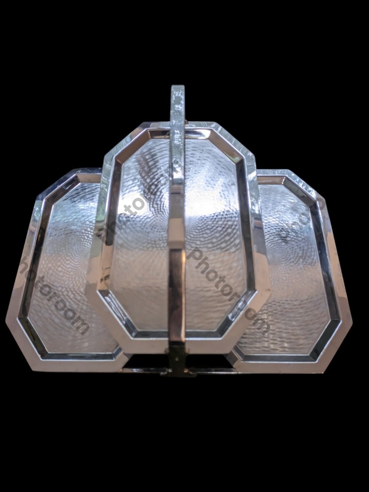 Vintage Large Chrome Cake Stand - Neatly Folding Compact - Engine Turned Pattern