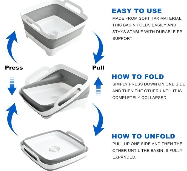 2 PACK! Gray Collapsible Sink with Drain, Wash Basin Camping Kitchen Laundry Tub