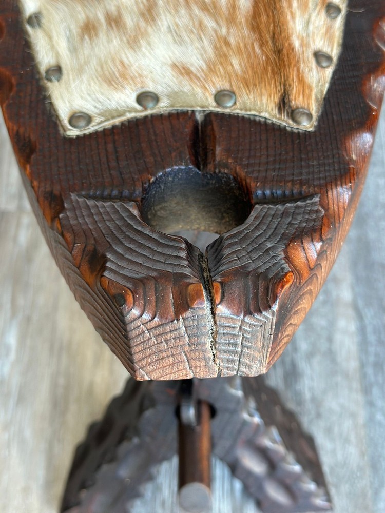 Vintage Spanish Hand-Carved Stool - Rustic Cowhide & Solid Wood