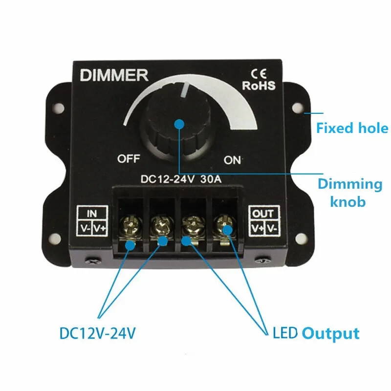 Led Single Strip Dimmer DC12-24V 30A 360W Output Controller RF Wireless Remote