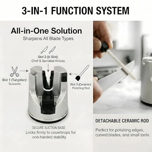 Knife Sharpener for Kitchen Knives, 3-Stage Suction Cup Sharpening Tool for