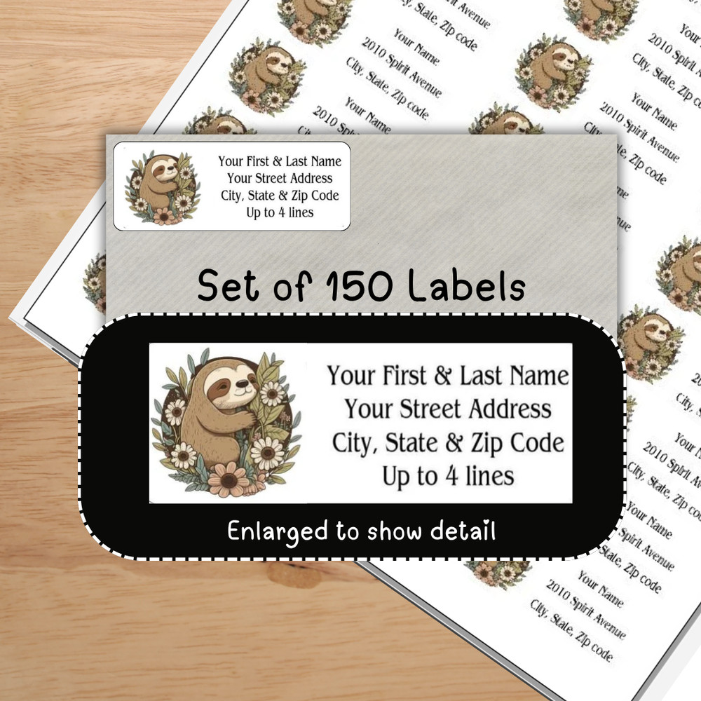 150 Cute Sloth in Flowers Mailing Return Address Labels Personalized