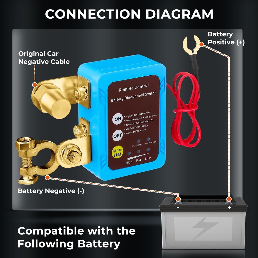 12V/24V 240A Smart Voltage Kill Switch, Remote Battery Disconnect Automatic P...