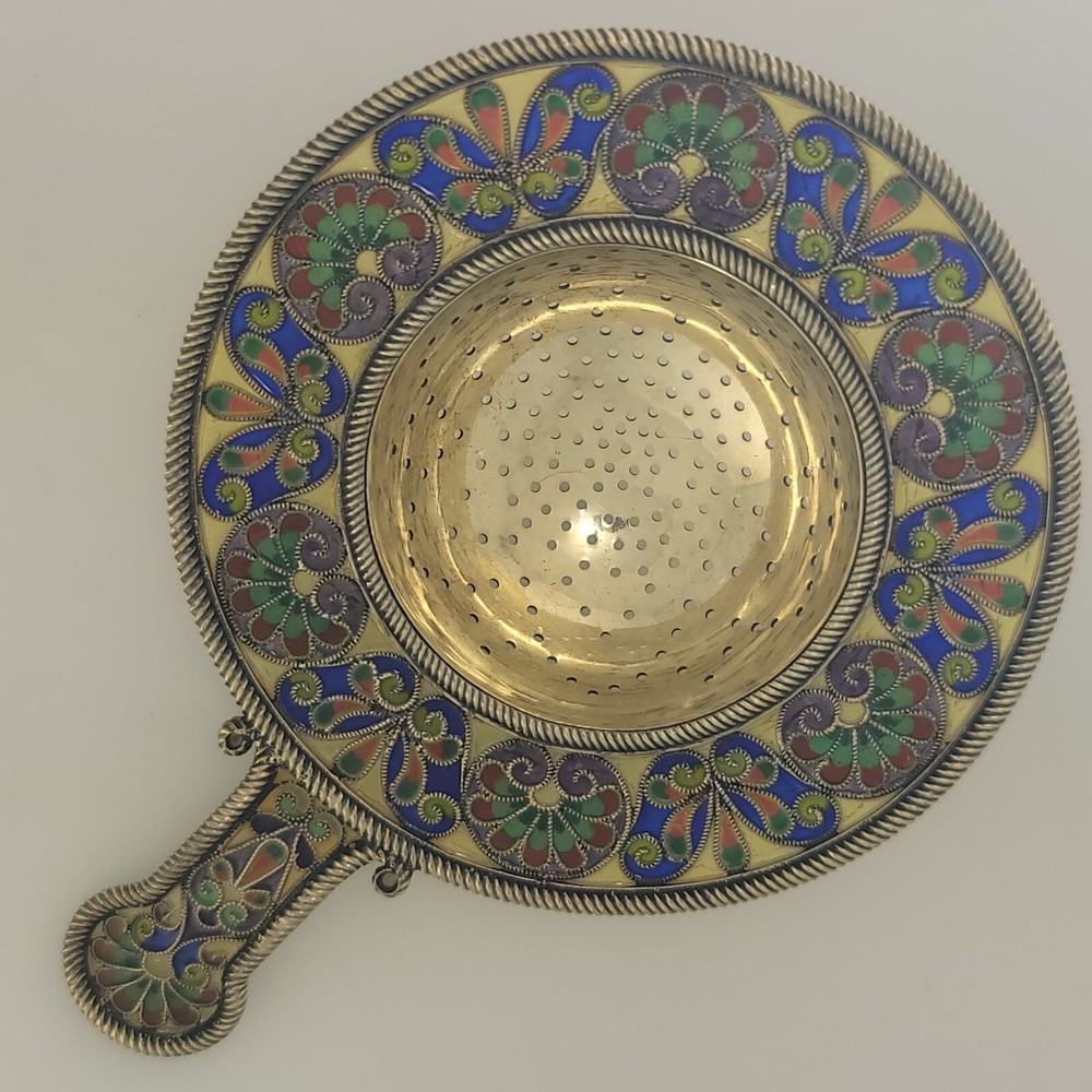 Silver & Plique A Jour Enamel Tea Strainer multi-colored stained glass patterns