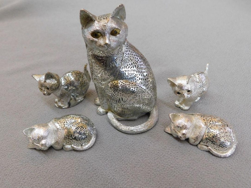 Five Christofle Lumiere D'Argent Silverplate Cat / Kitten Figurines