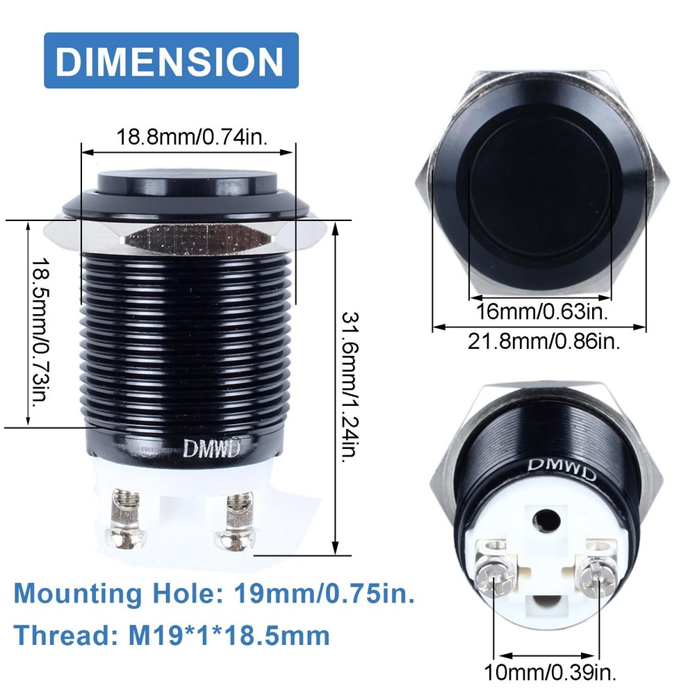 2-Pack 16mm Latching Metal Waterproof Push Button Switch ON-Off 5/8" Mounting...