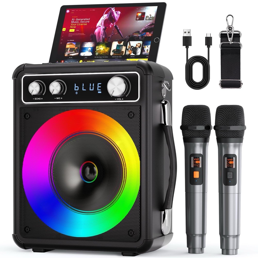 VOSOCO Karaoke Machine, Portable Bluetooth Karaoke Speaker with 2 Wireless Micro